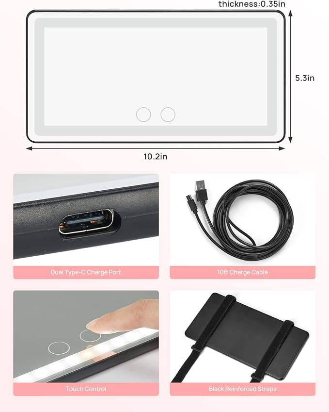 JOYTUTUS Car Sun Visor Vanity Mirror, Car Vanity Mirror With Lights, Makeup with 3 Light Modes & 60 LEDs, Rechargeable Dimmable Touch Control Travel Makeup for Truck SUV