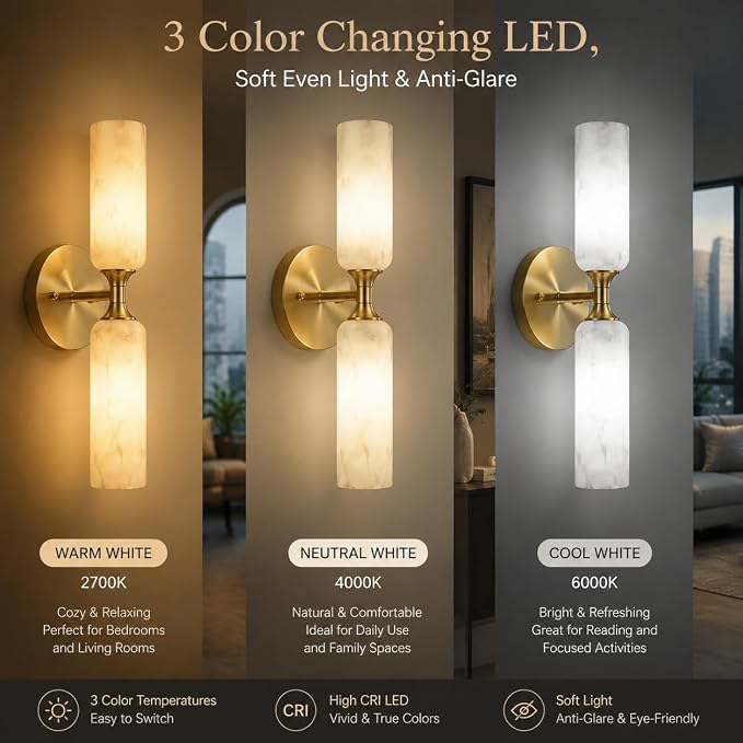 Alabaster Wall Sconces Set of 2, 20in 3-Color Changing Spanish Natural Marble Wall Sconce, Hardwired Brass Gold LED Wall Fixture for Bathroom, Bedroom, Living Room, Hallway, Staircase