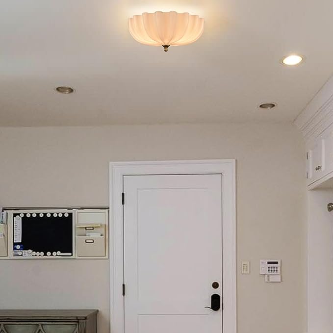 Modern Gold Ceiling Light Fixture with Milky Glass Shade | Brass Bedroom Flush Mount Ceiling Light for Entryway Bathroom Living Room Flower Scalloped Shade