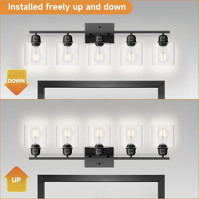 Modern 5 Light Bathroom Vanity Light, 31 inch Black Bathroom Lights Fixtures, Vanity Lights with Clear Glass for Mirror Kitchen Living Room Hallway Cabinet Porch