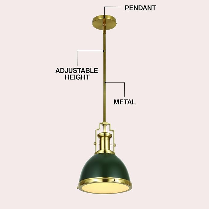 JONATHAN Y Homer Industrial Dome Pendant 10", Kombu Green/Brass Gold | 1-Light, Farmhouse Style, Adjustable Hanging Height, Glass Diffuser, Sloped Ceiling Compatible, Metal, LED Bulb Included