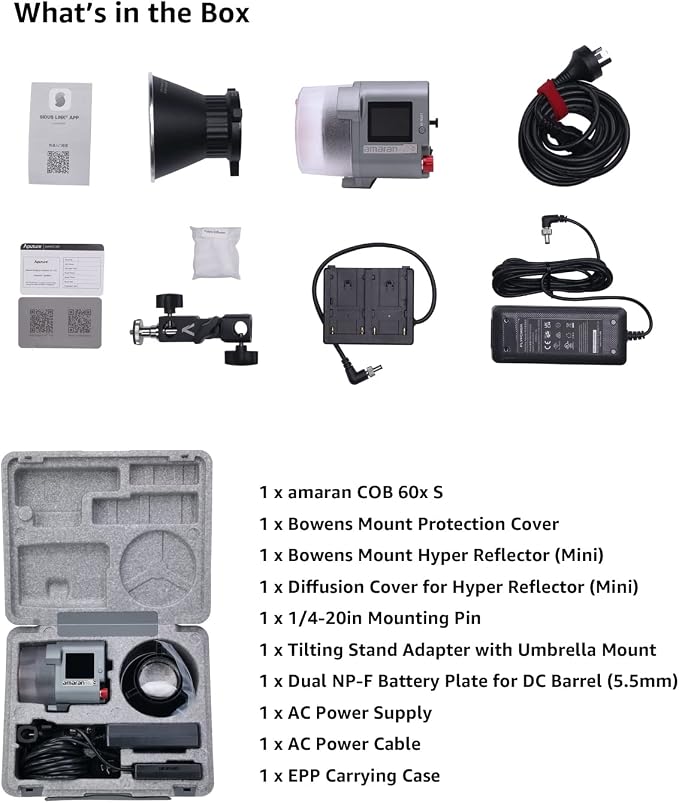 Aputure amaran COB 60xS Video Lighting Bi-Color COB Video Light LED Light | Bowens Mount point-source LED Studio Light , SSI (D56) of 87, 33,300 lux @ 1m,App Control,9 Lighting FX