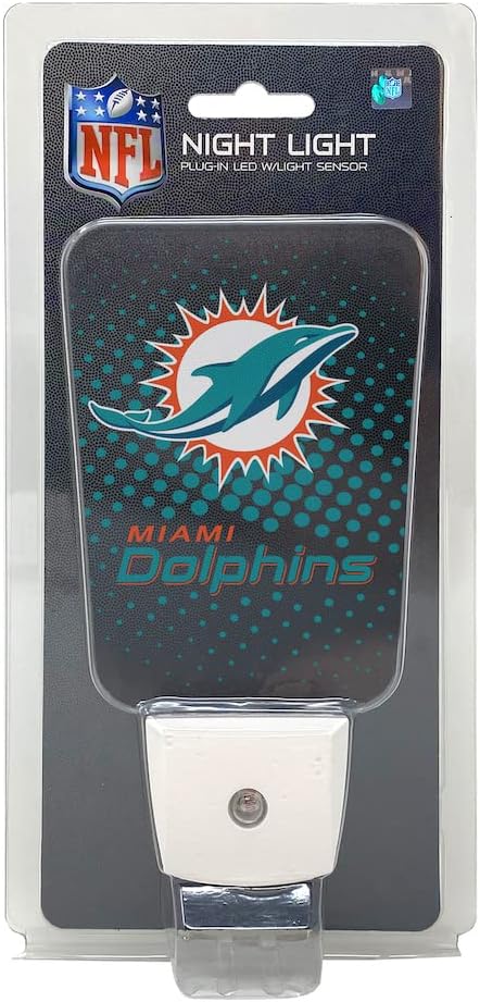 Party Animal NFL Team LED Night Light, with Auto Sensor and 3 Light Settings, Slim 5-Inch Design fits Standard Outlets, Miami Dolphins