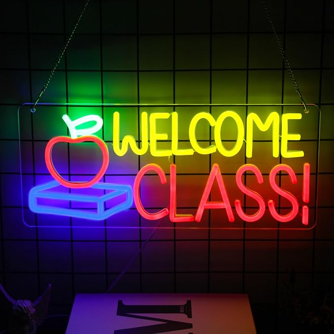 Welcome Class Neon Sign Apple Book LED Sign Back to School Classroom Decor | Dimmable Light Up Signs, Student Classroom Neon Light, Colorful Wall Sign, Acrylic Night Light, School Opens Party Decoration