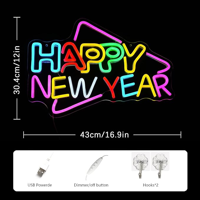 Happy New Year Neon Sign - Colorful Holiday LED Letter Wall Art, Xmas Cheers Signage, Christmas Wall Decorations