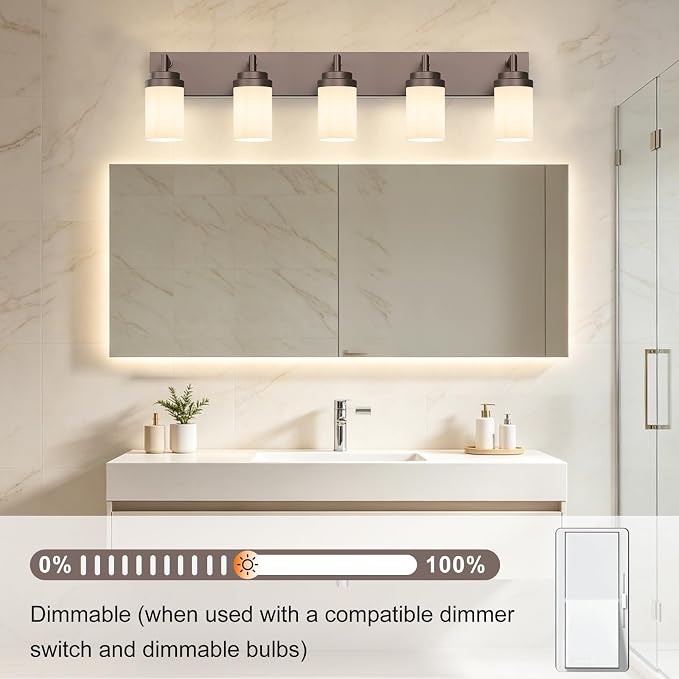 Bathroom Light Fixtures, Oil Rubbed Bronze Bathroom Lighting Fixtures Over Mirror, Modern Vanity Light with White Glass Shade, Restroom Lighting Fixtures, 5-Light 36-inch