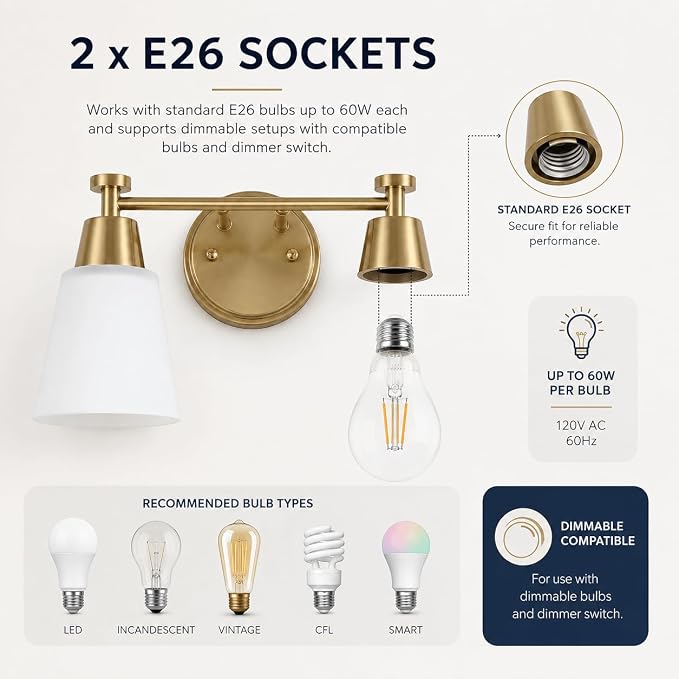 2-Light Bathroom Vanity Light, Gold Finish with Milk Glass Shades, Over Mirror, for Bathroom Vanity