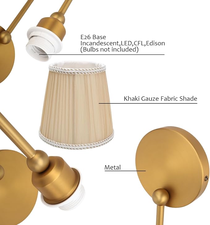 Vintage Set of 2 Fabric Wall Sconce Beige-Khaki Gauze Cloth Shade, Hardwired Curved Arm Bathroom Vanity Lights, Indoor Wall Decor Lamp for Living Room, Kitchen, Bedroom, Foyer