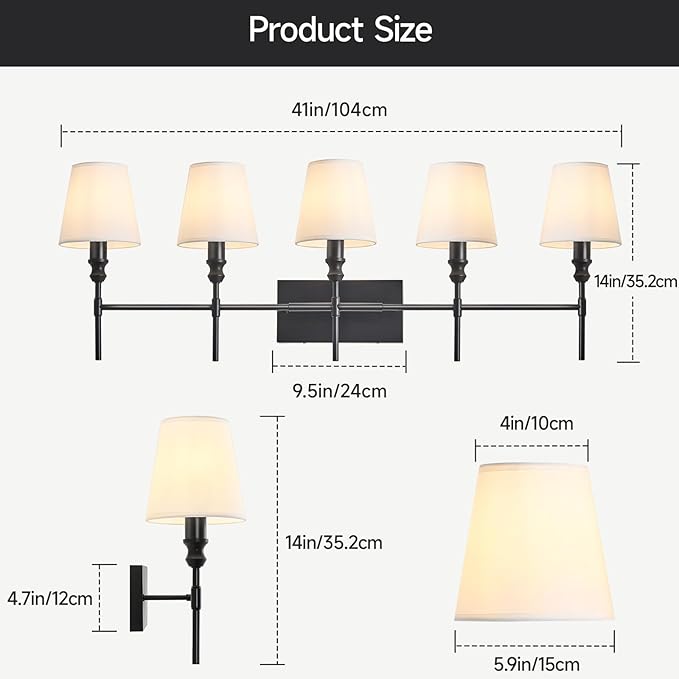 5-Light Vanity Lights for Bathroom,41 in Vintage Black Bathroom Vanity Light Fixtures,with Flared White Fabric Lampshade for Bedroom,Living Room,Foyer,Hardwired,E12 Base