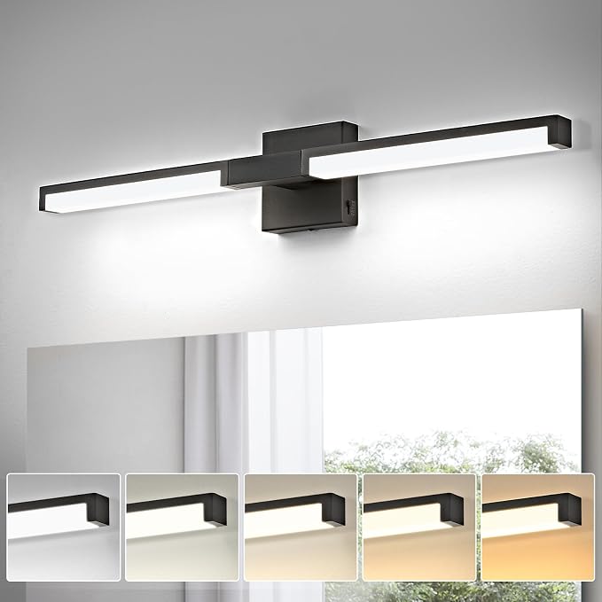 Modern Bathroom Light Fixtures Over Mirror, 24 Inch Matte Black Vanity Light Bar for Bathroom, 12W 5CCT Diammable Wall Light