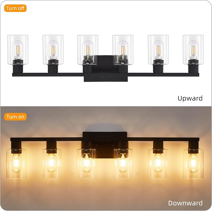 6 Light Bathroom Vanity Light, Matte Black Vanity Light Fixtures, Large Vanity Lights for Bathroom, Farmhouse Light Fixtures with Clear Glass Shade for Bathroom Over Mirror