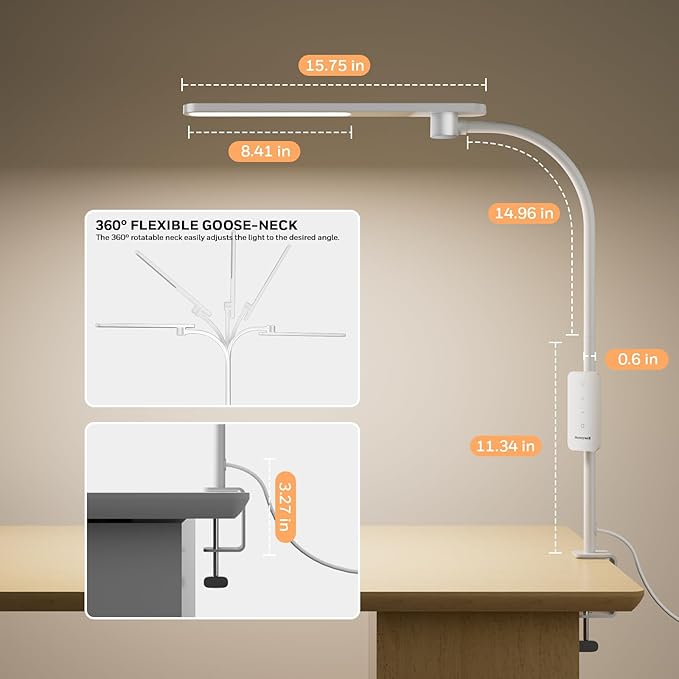 Honeywell HJ2 Gooseneck LED Desk Lamp with Clamp, CRI≥97 Full Spectrum Eye-Caring Light, 16" Flexible Metal Arm, 3-Color Dimming with Magnetic Remote for Home Office, Artists, Reading(White)