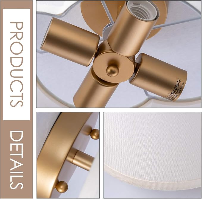 VILUXY Modern Flush Mount Ceiling Light Fixture Farmhouse White Fabric Semi Ceiling Lamps with Gold 4 Lights Drum Shade for Bedroom Dining Room Entryway Hallway Nursery