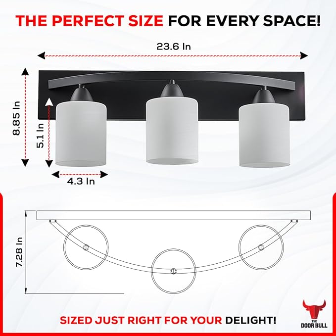 3-Light Bathroom Vanity Bar Light Fixture - Matte Black | Modern Frosted glass shades with E26 socket. Matte Wall sconce lighting perfect over mirror, kitchen, hallway, or entryway