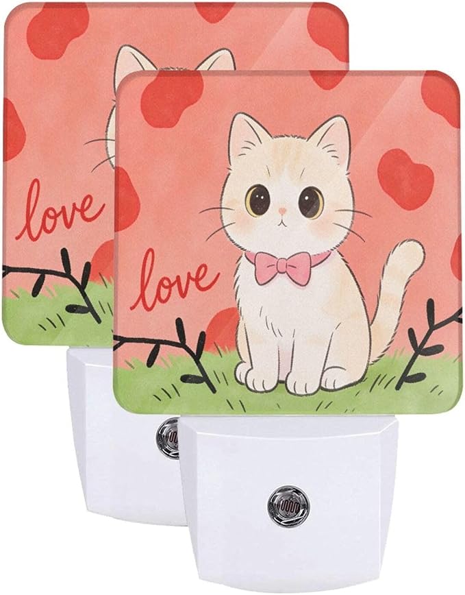 Love Heart Cute Cat Kitten LED Plug-in Night 2 Lamp, Auto Sensor Nightlights Adults for Bedroom Bathroom Set of 2