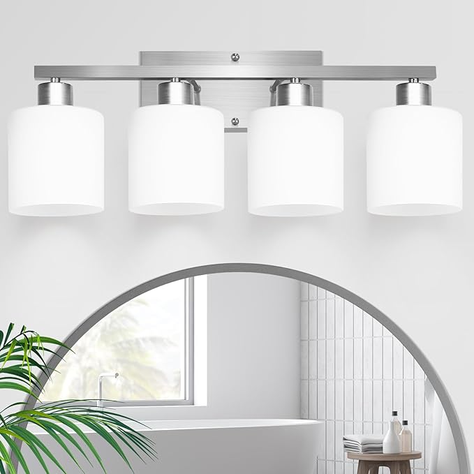 SILAMPDI 4-Light Bathroom Lighting Fixtures Over Mirror, Brushed Nickel Bathroom Vanity Light, Modern Rustproof Wall Sconce Lights, Milky White Frosted Glass Shades, E26 Base, Bulbs Not Included