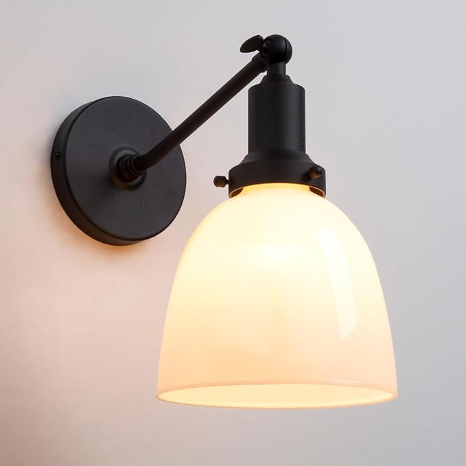 Industrial Sconces Vintage Slope Pole Wall Mount Single Sconce with 6.7" Oval Dome Milk White Glass Shade Wall Light Fixture for Livingroom Bedroom