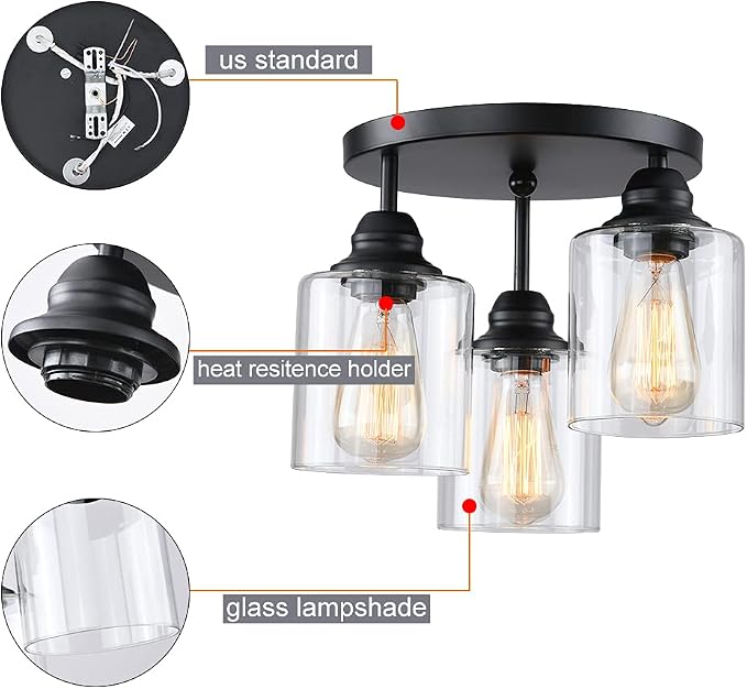3-Lights Industrial Semi Flush Mount Ceiling Light, Vintage Light Fixture with Clear Seeded Glass Shade