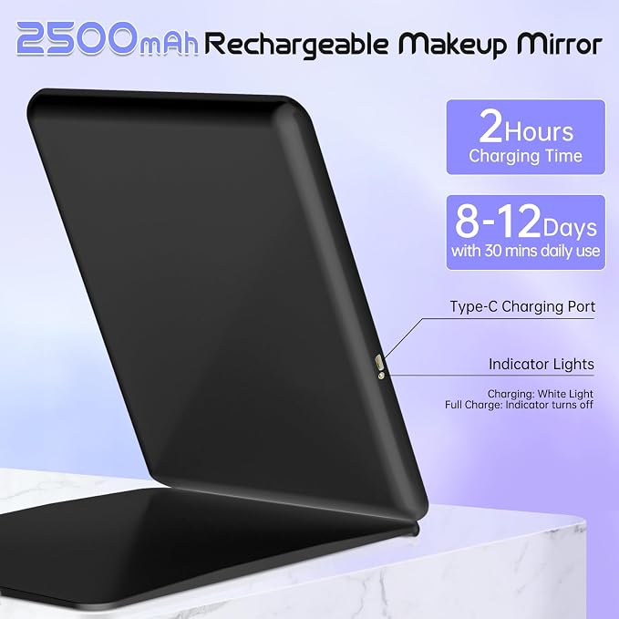 FUNTOUCH 2500mAh 10x7.5 Portable Large Travel Makeup Mirror with Light | Rechargeable Lighted Travel Makeup Mirror with 3 Color Lights,Dimmable Folding Light Up Make up Mirror with Small 10x Mirror
