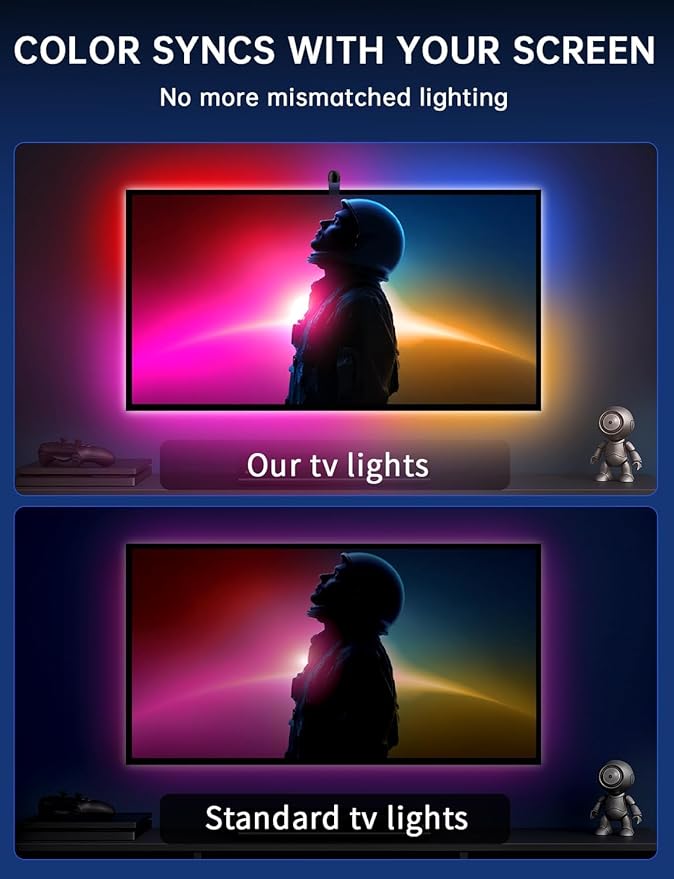 TV Backlight with Sensor Sync, 11.5ft RGB LED Light Strip for 32–50” Screens, Smart App Control, Game & Music Sync Lighting