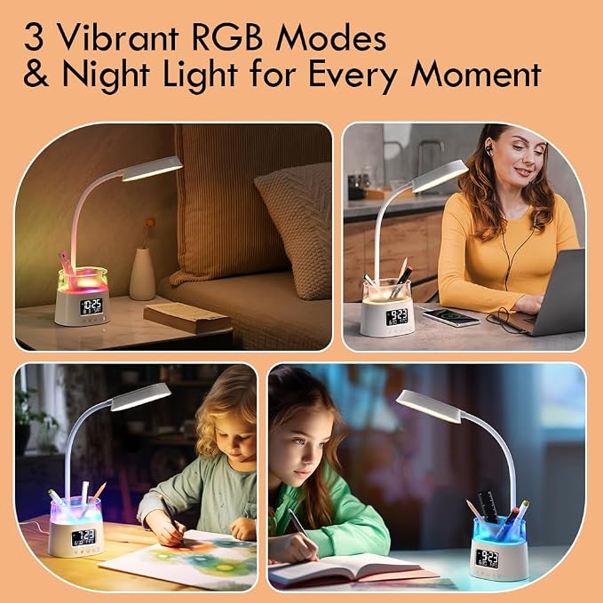 WILIT LED Desk Lamps for Home Office with Pen Holder, Table Lamp for Bedroom with USB Charging Port & Clock, RGB Night Light, Study Lamp for Kids Girls, Desk Light for College Dorm Room Essentials