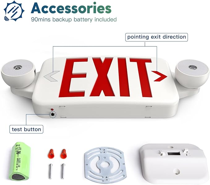 FREELICHT 2 Pack Exit Sign with Emergency Lights, Two LED Adjustable Head Emergency Light with Battery, Exit Sign for Business