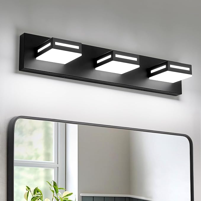 LED Modern Bathroom Light Fixtures, 3-Light 24-Inch Matte Black Vanity Lights for Bathroom Lighting Fixtures Over Mirror, 6000K Cool White 350° Rotatable Wall Lamp