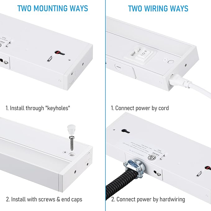 TORCHSTAR LED Under Cabinet Lighting 5CCT, 8 Inch 6W 450LM, Hardwired & Plug-in, 5 Color Selectable CRI90 120V ETL T24 Listed Dimmable Under Counter Lights for Kitchen, White Aluminum Housing, 4 Pack
