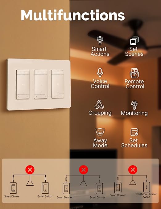 MOES Star Ring WiFi Dimmer Light Switch, 3-Way Alexa Google, 3 Gang | Star Ring Night Guide Glow, 1-100% Dimming, 3-Way/Single Pole, Voice/Remote Control, Neutral Wire 2.4GHz WiFi