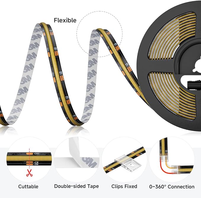 BTF-LIGHTING UL Listed Tunable White 3000K-6000K COB LED Strip Light,IP65 DC12V 16.4FT Dimmable CCT Ultra Bright LED Tape Light for Home Kitchen Office Indoor DIY Lighting(No Adapter or Controller)