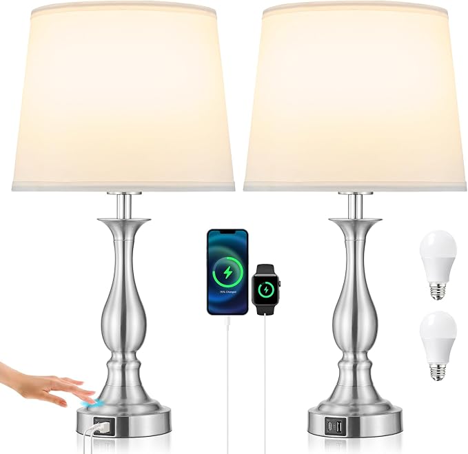 Bedside Table Lamp Touch Control Bedroom Lamps with USB A + C Charging Port 3 Way Dimmable Touch Lamps for Nightstand Living Room Bedroom Dorm Home Office Reading, Set of 2 (White Shade & Nickel Base)