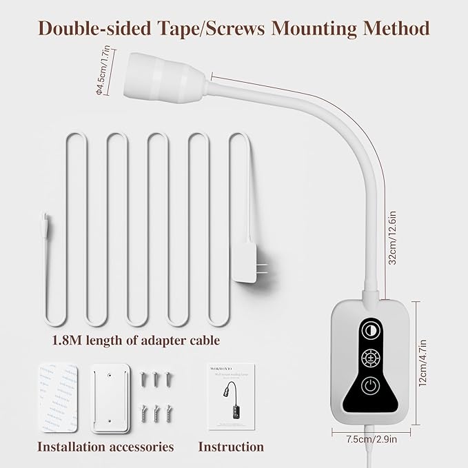 Wall Mounted Reading Light, Wall Light with Motion Sensor Switch, 5 Dimmable & Color Temperature Adjustable, USB-C Output, Flexible Neck Book Light for Bed, Sofa, Desk,Dorms, Heaboard