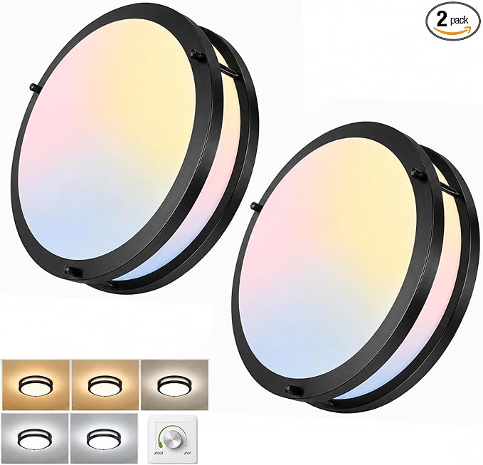 2 Pack 10inch 30W Flush Mount Ceiling Light Fixture, 3200lm Super Bright Energy-Efficient Black Dimmable Ceiling Light, 2700K 3000K 4000K 5000K 6500K Adjustable Ceiling Lamps for Closet
