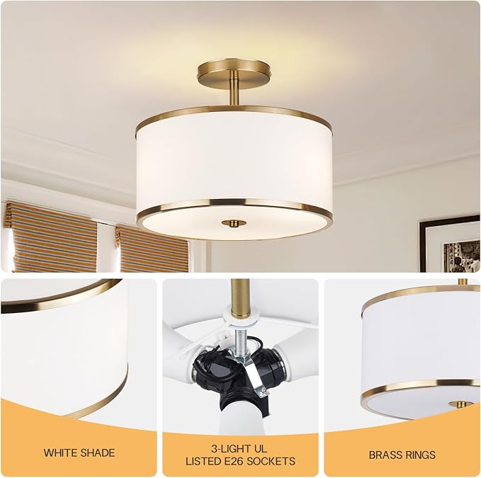 CALOKES Luxury Semi Flush Mount Ceiling Light, 3-Light Drum Lamp with Gold Brass Finish and Fabric Shade, Ideal for Bedroom, Kitchen, Dining Room, Hallway, Entryway, and Foyer, 12.6"