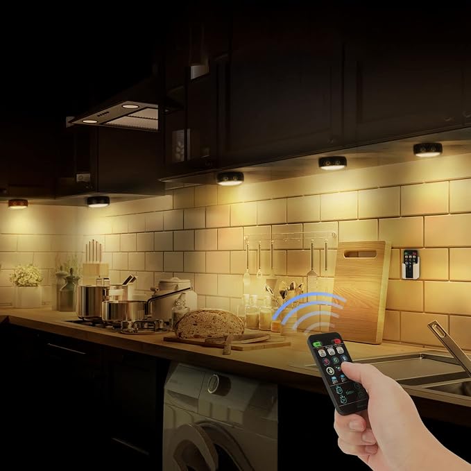Onumii Battery Operated Under Cabinet Lighting with Remote, Wireless LED Puck Lights Color Changing with Timer, Stick On Closet Lights for Kitchen Cabinets Shelf Display - 2 Pack Black