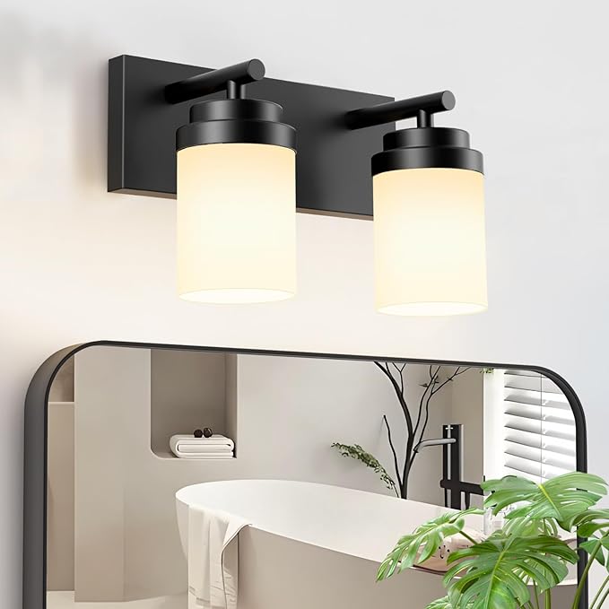 IZORRO Bathroom Vanity Light Fixture, 2-Light 15 Inch Matte Black Bathroom Light Fixtures Over Mirror, with White Glass Shade, Modern Farmhouse Vanity Lights, Rustic Restroom Lighting Fixtures