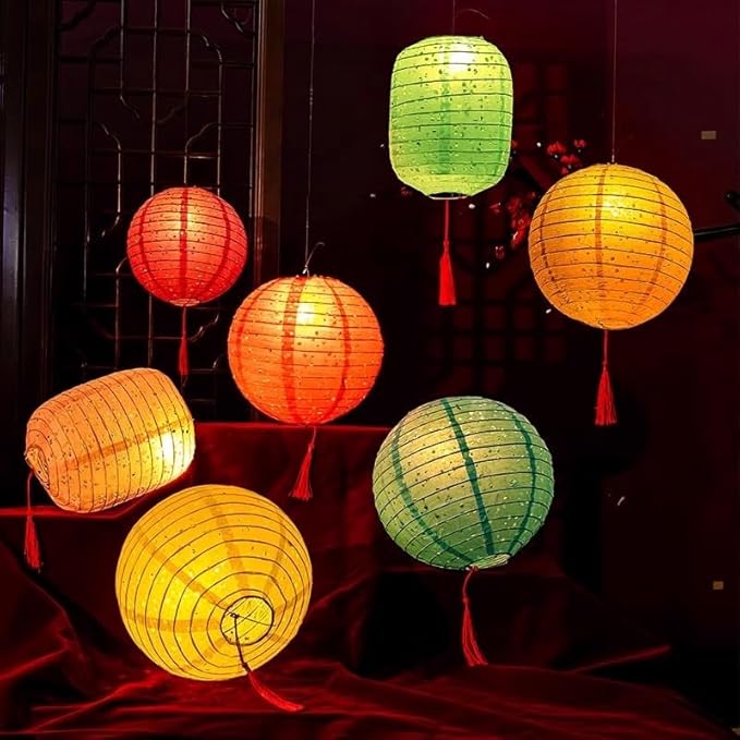10PCS Paper Lanterns Valentines Day Chinese New Year Spring Festival Lantern,8inches Round Hanging Paper Lanterns with LED Lights,with Tassels Walking Sticks for Wedding Dinner Birthday Party Decor