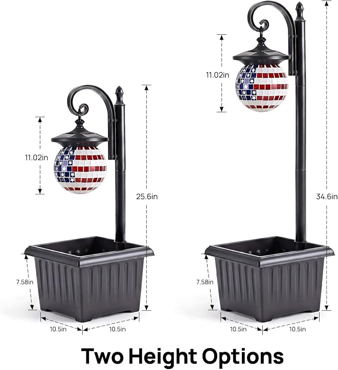 Solar Lamp Post Light with Planter, Patriotic Mosaic Outdoor Lantern Decor | Warm White LED Light, Dusk to Dawn, IP44 Waterproof, 4 Solar Panels, No Wiring Required, Energy Saving, Porch, Patio, Garden.