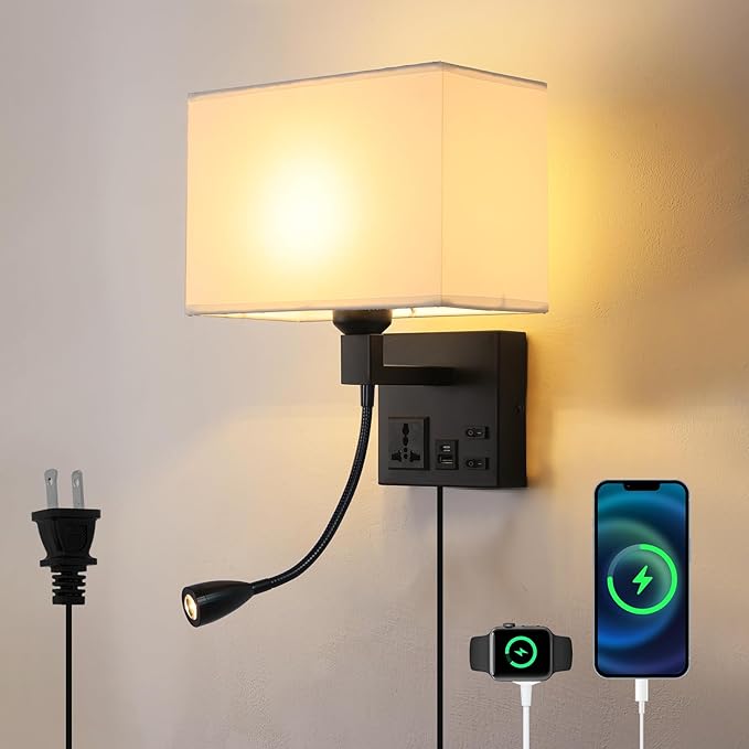 Plug in Wall Sconce, Bedside Wall Lamp for Bedroom with AC Outlet & USBA+C Charging Port, Wall Mounted Reading Light with 360°Adjustable, Black Headboard Lamps with 3 Color Temperature