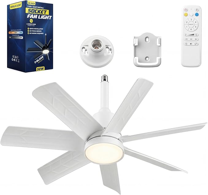 28 Inch Socket Fan Light with Remote Control, Screw in E26/E27 Ceiling Fan with LED Light, 3000-6000K Dimmable Color Temp, 6 Speeds, Timer, for Bedroom Kitchen Living Room Garage, White