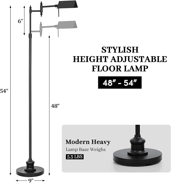 Bairth Black Reading Floor Lamp, Head 90°Rotatable Pharmacy Standing Lamp | 90°Rotatable Lamp Head 3 Color Temperature, Dimmable, 17W LED, Height Adjustable, 360°Swing Arm, Living Room, Bedroom, Craft