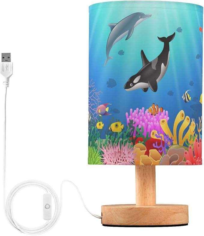 Table Lamp Cartoon Dolphin Killer Whale Sea Fish Coral Underwater in Ocean Nightstand Lamp with Wood Base Fabric Lamp Shade Bedside Desk Lamp for Living Room Bedroom Kids Room Office