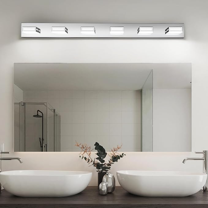 LED Modern Bathroom Light Fixtures, 6-Light 48-Inch Chrome Vanity Lights for Bathroom Lighting Fixtures Over Mirror, 6000K Cool White 350° Rotatable Wall Lamp