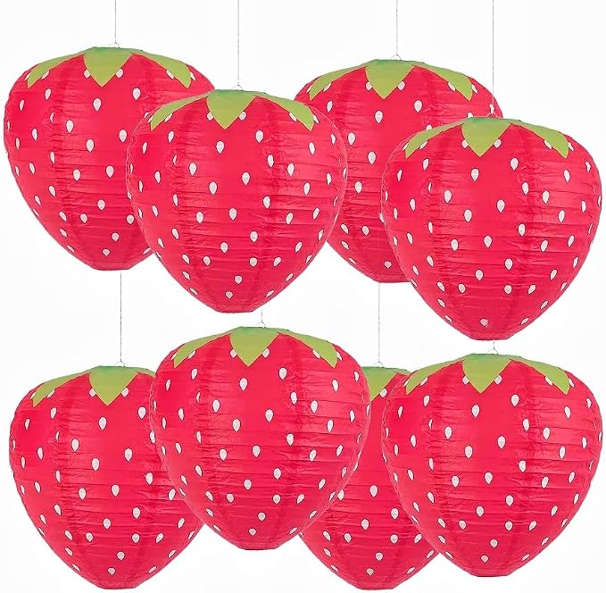 8PCS Strawberry Paper Lanterns, Strawberry Hanging Paper Lantern Decorations Strawberry Decoration Hanging for Room Birthday Party Wedding Garden Decor - 8 Inch, Red