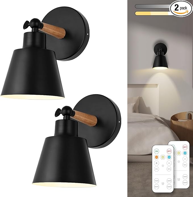 Black Battery Operated Wall Sconce Set of Two, Easy to Install Wireless Lights for Wall, Remote Control Dimmable LED Lights, Auto Timer Wall Lamp Fixtures for Bedroom, Gallery, Living Room, RV