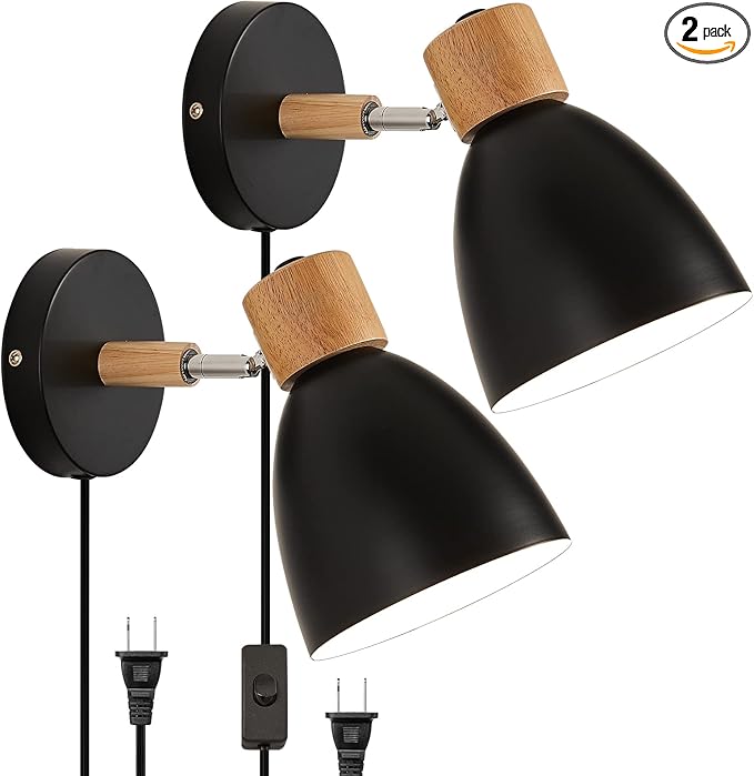 Wall Sconces Plug in, Swing Arm Wall Lamp with Power Cord, Black Plug in Wall Lighting Fixtures Set of Two, Bedside Wall Mounted Reading Lamp with Switch, for Bedside Bedroom Hallway