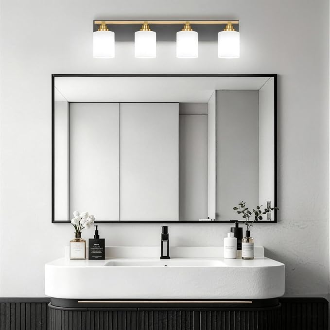 Black and Gold Bathroom Light Fixture, Modern 4 Light Vanity Lights for Bathroom Lighting Fixtures Over Mirror, White Glass Lampshade, Master & Guest bathrooms Bathroom Remodel, 27.5-inch