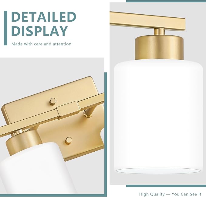 Gold Bathroom Light Fixtures Vanity Lighting Over Mirror | 4-Light Modern Wall Sconces with Milky White Frosted Glass Shades for Restroom (E26 Socket)
