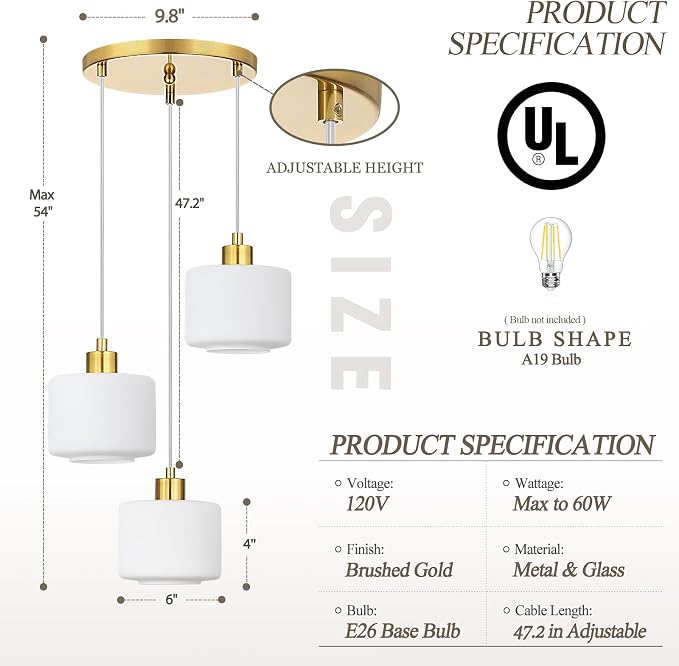 Brushed Gold Dining Room Chandelier Light Fixture, 3-Light Pendant Lighting with Milk Glass, Modern Kitchen Island Cluster Hanging Pendant Lights for Kitchen Dining Room, OS-YQ8153-3BGW