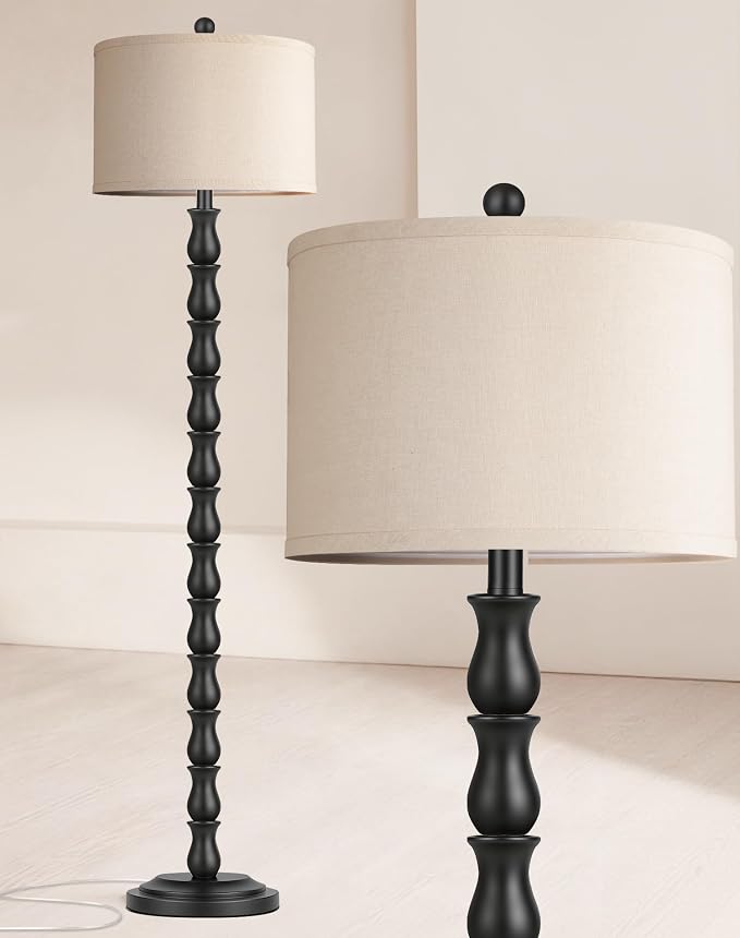 63.5" Rustic Floor Lamp for Living Room, Farmhouse Floor Lamp with Rotary Switch & Linen Shade, Vintage Resin Tall Standing Lamp for Bedroom Corner Office Home Decor, Black (LED Bulb Included)